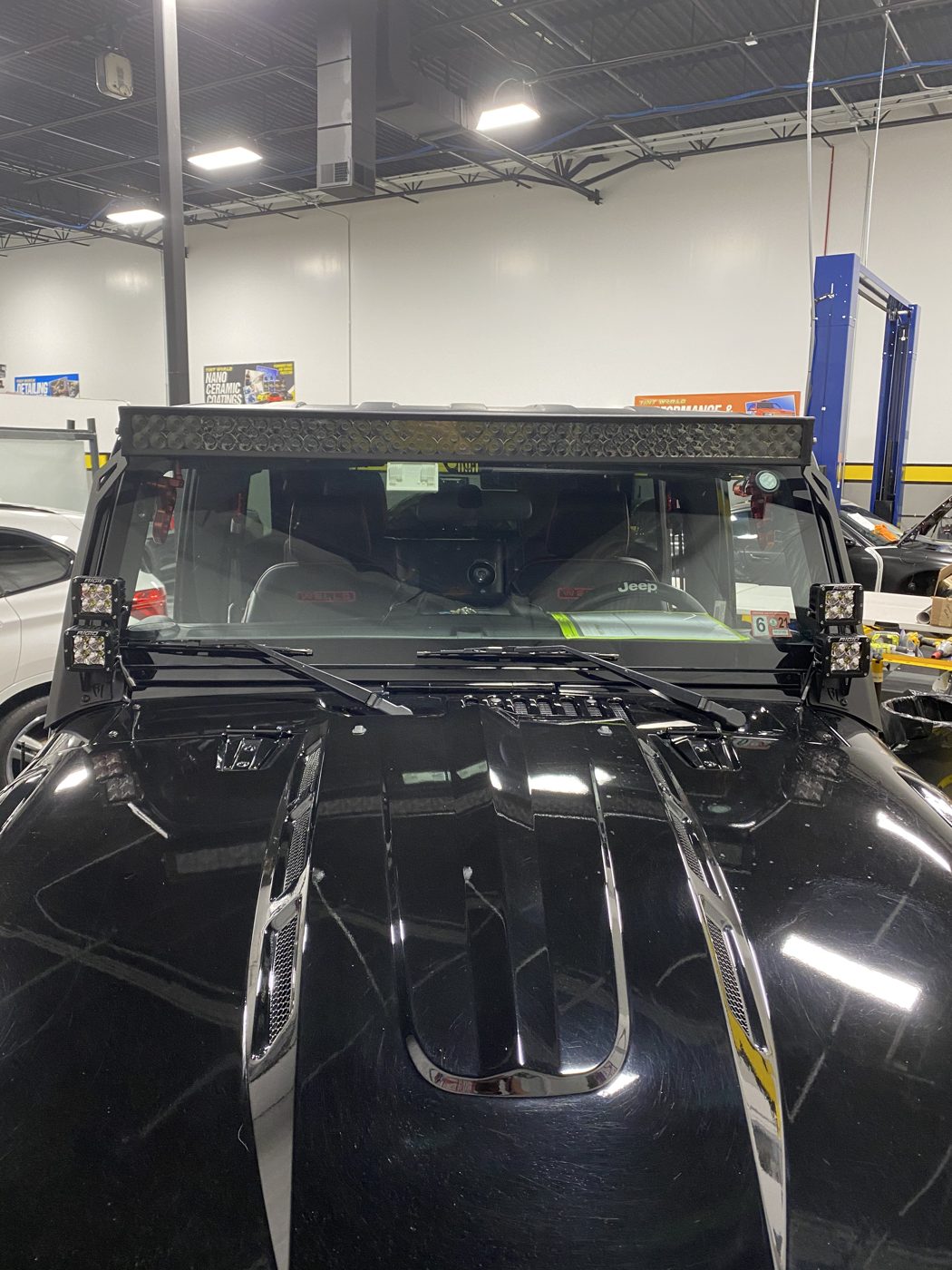 Jeep fitted with off-road light bar and auxiliary lighting